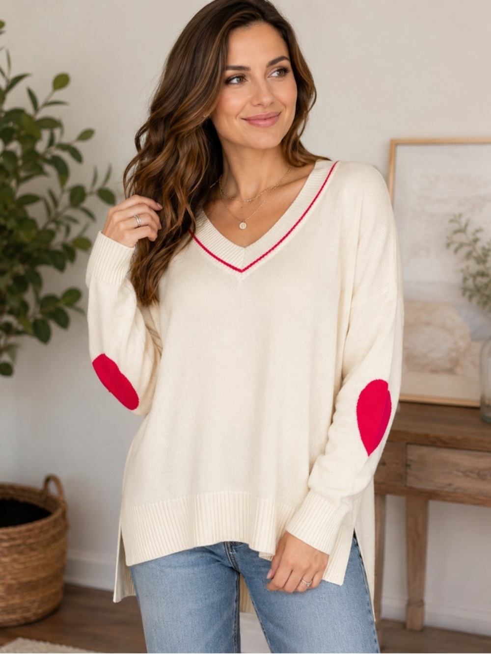 Studio Park Cream Sweater Pink Heart Elbow Patch V Neck Oversized Large